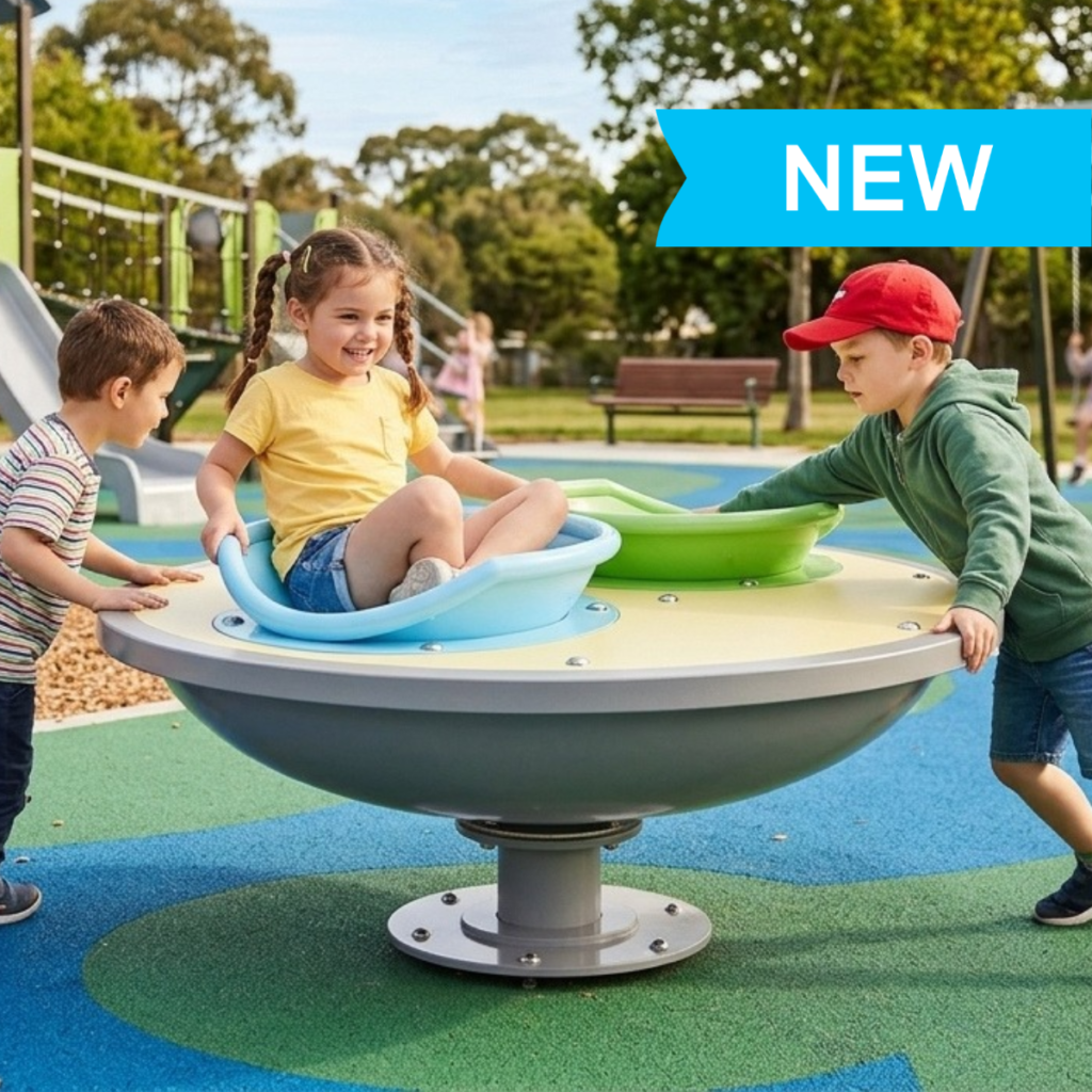 The new Nova playground spinner being enjoyed by children in a bright outdoor park setting, featuring a blue 'NEW' badge overlay.